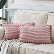 Pack of 2 Boho Rectangle Decorative Throw Pillow Covers with Pom-poms, Soft C...
