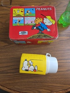1965 Peanuts Metal Lunch Box & Thermos Charlie Brown Snoopy Lucy Cartoon Schulz