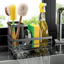 Sink Caddy Sponge Holder for Kitchen with Brush Holder and Stainless Steel Self