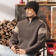 Retro Men's High Neck Zipper Thick Sweater Winter Loose Knitted Sweater Jackets