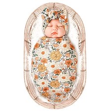 Baby Girl Newborn Receiving Blanket with Headband Set Baby Swaddle Beige