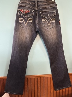 Affliction Bootcut Jeans Studded Patched Biker Distressed Low Rise 27 Read