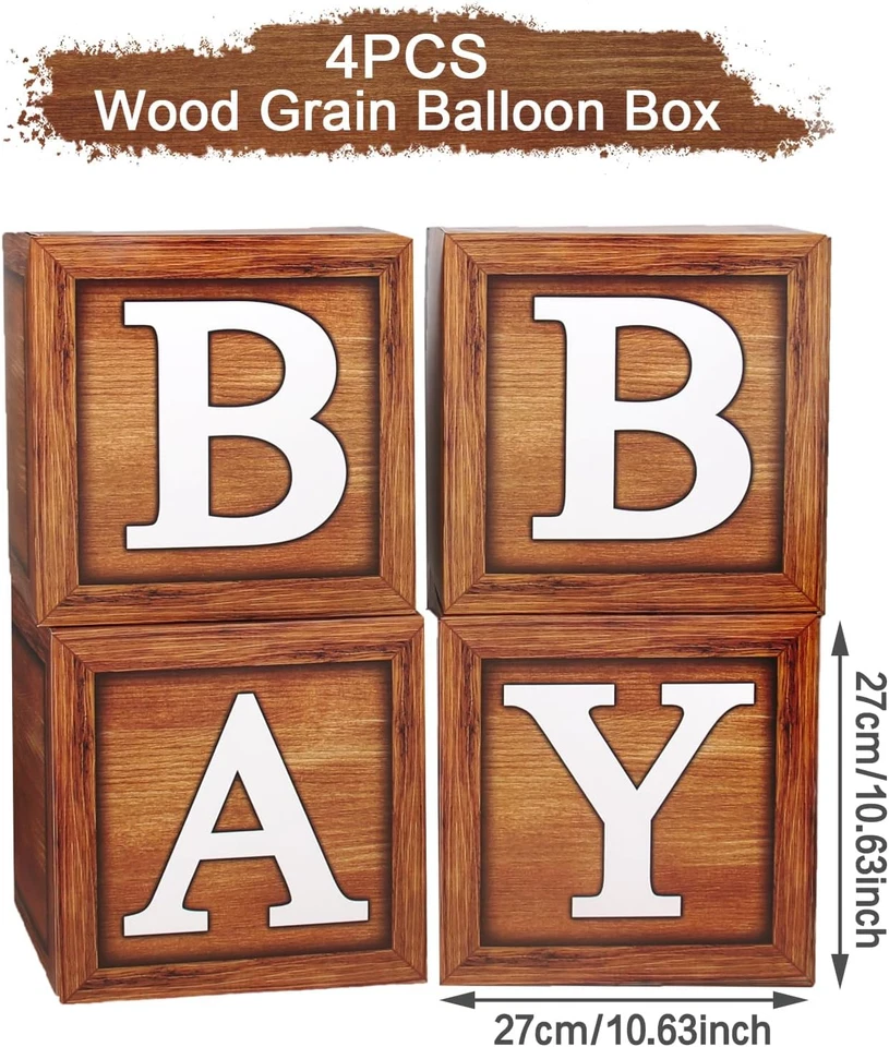 Cajas de baby shower decoraciones de fiesta - 4 bloques de madera de grano marrón con letra de bebé Foto 4 de 4