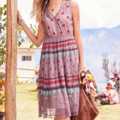 Sundance Dress Womens 2 Embroidered Floral Sheer V-Neck Sleeveless Pink Boho