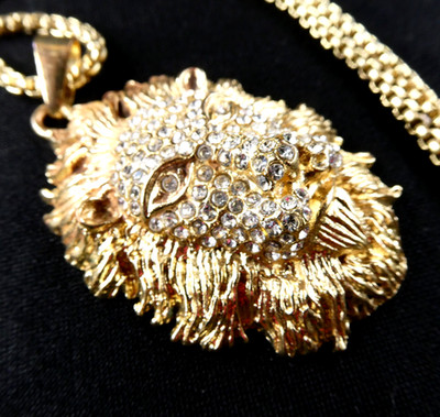 Crystal Lion Face Pendant Necklace LEO THE LION Gold Tone Chain King Of Jungle