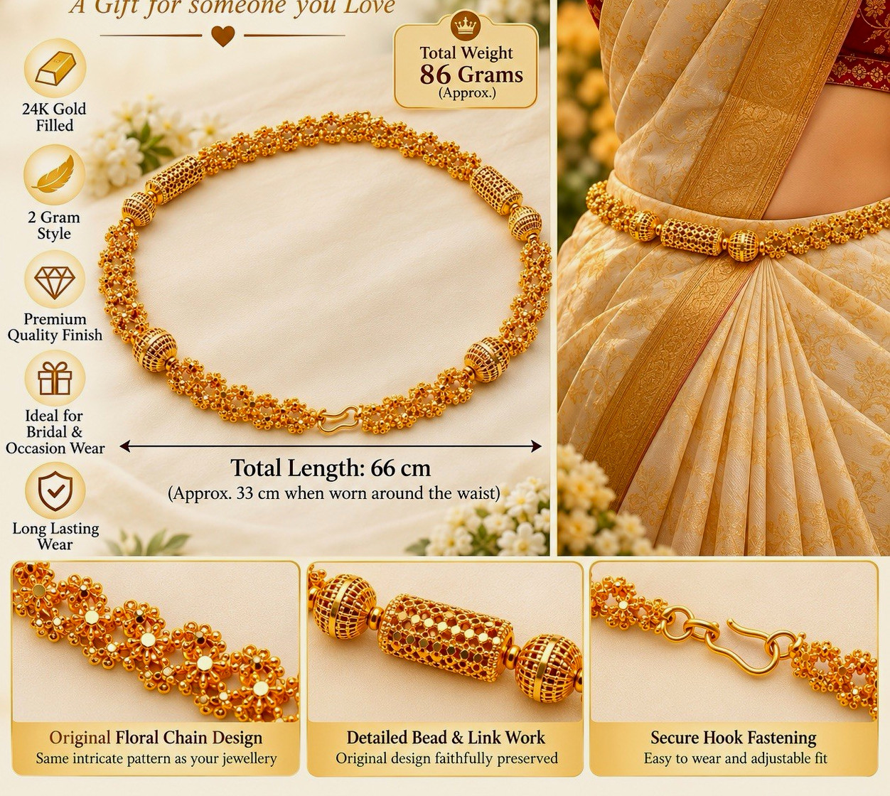 24K Gold Filled Vaddanam Waist Chain 2 Gram Style Kamarbandh Belt 66cm 86g