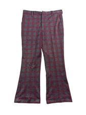 VINTAGE 70s Red Gray Plaid 38x32 Slacks Pants Flare Bellbottom Knit Polyester