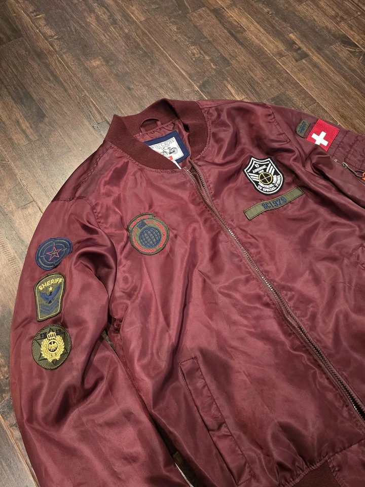 Swiss Cross Jacket Mens Large Maroon Bomber Flight Patch Nylon Swiss Flag Pilot - Image 2 of 4