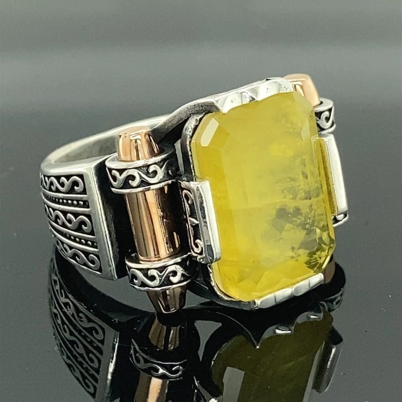 Anillo de citrino de piedra cruda amarilla de plata de ley 925 para hombre Foto 2 de 4