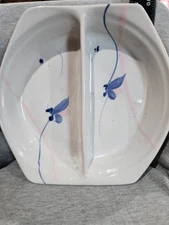 Studio Art Pottery Divided Dish Butterflies Flowers Pink and Blue SIGNED