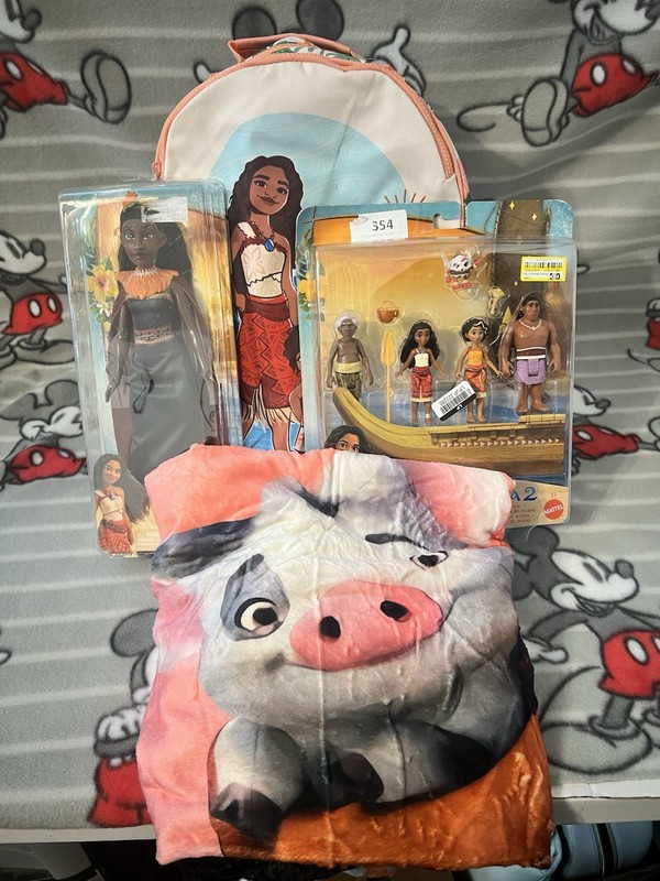 Disney Moana Canvas Backpack, toys, and blanket 