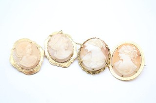 Shell Cameo Brooches Rolled Gold Safety Chain Gold Plate x 4