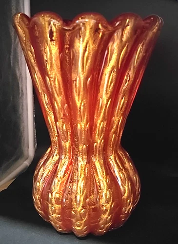 VTG Ercole Barovier & Toso Murano Small Red Glass Vase “Cords Of Gold” Italy 50s
