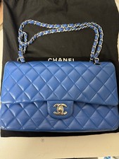 Chanel Classic Medium Double flap in Blue lambskin with silver hardware