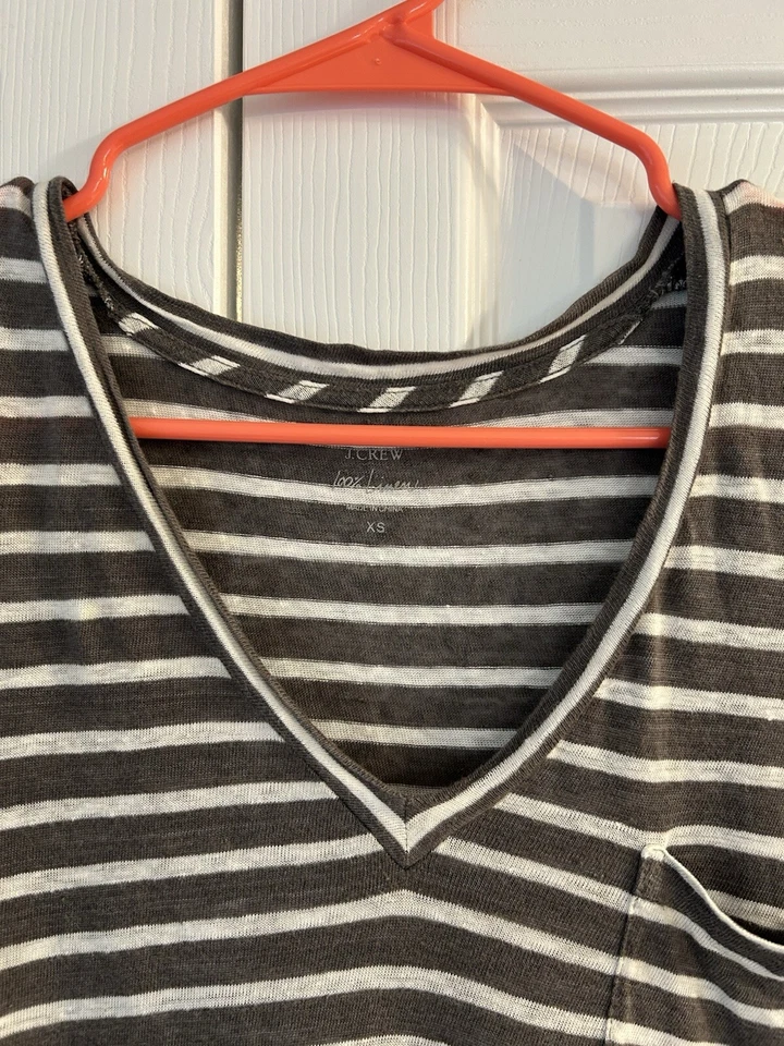 Camiseta Top Mujer J.Crew Gris Blanco Rayas Cuello en V Manga Corta Talla XS Foto 3 de 4
