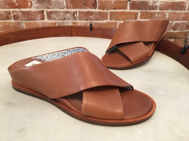 ED Ellen Degeneres Tan Vachetta Leather Treya Wedge Slide Sandals NEW