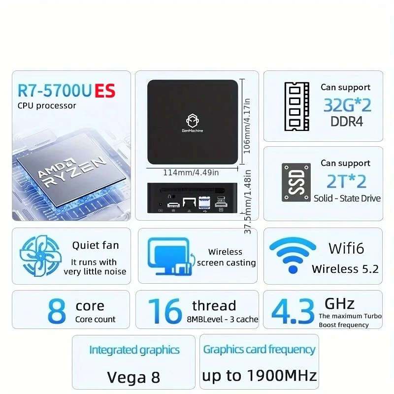 GenMachine New Mini PC R7 5700U AMD Ryzen7 5700U ES CPU Support Windows 10/11 - Image 2 of 4