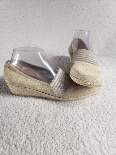 Sesto Meucci Women Pump 9 Beige Glitter Canvas Slip On Wedge Shoes - Picture 11 of 19