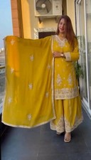 Beautiful Heavy Chinnon Silk Yellow Top Palazzo With Dupatta For Traditional