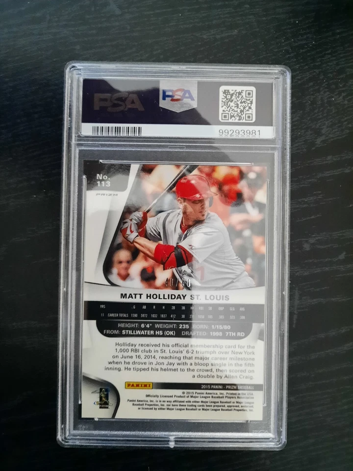 Panini Prizm #113 2015 Matt Holliday Orange Prizm 40/60 PSA 9 Foto 2 de 2