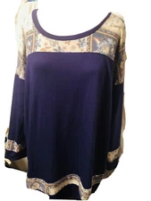Vision USA Boutique Navy Blue Floral Patchwork Plus Top Sz 2XL