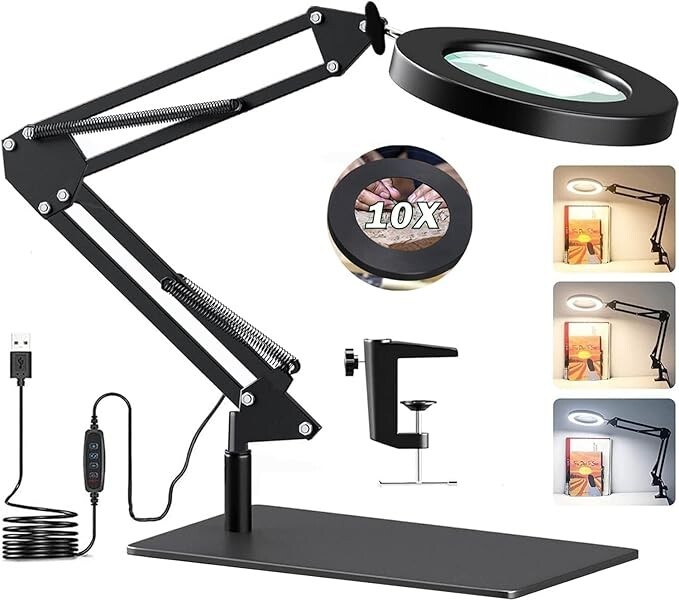 10X Magnifying Glass LED Desk Lamp with Light and Adjustable Stand  