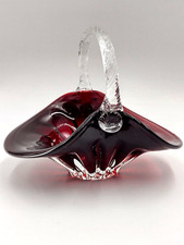Vintage Ruby Red Glass Basket Bowl With Clear Twisted Handle Polished Bottom
