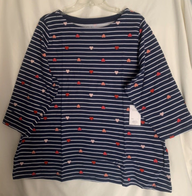 Croft & Barrow 2X Navy White Stripe w/Hearts Knit Top, boatneck, 3/4 sleeves NWT