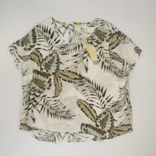 C & C California Women 100% Linen Blouse Size 2X Tropical Print Short Sleeve NWT