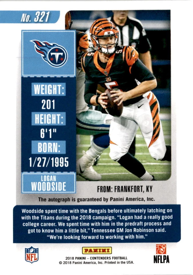 2018 Panini Contenders #321 Logan Woodside Auto Tennessee Titans - Image 2 of 2