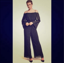 H M Black Off Shoulder Trumpet Sleeve Wide Straight Leg Jumpsuit Back 4