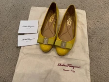 Salvatore Ferragamo Bow Varina Slip On Flats Yellow Patent Leather Shoes 6 36 6c