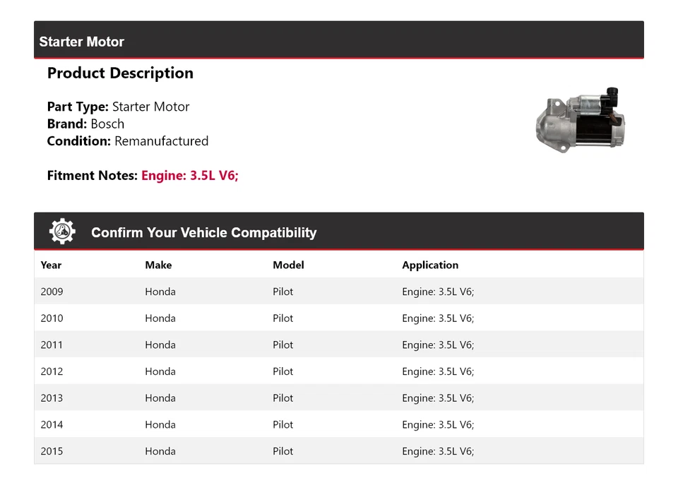 Arranque Bosch V6 3,5 L 2009-2015 (remanufacturado) 2010 2011 2012 Foto 2 de 4