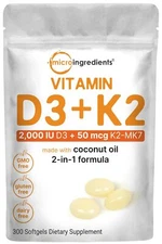 Vitamin D3 2000 iu Plus K2 MK-7 50 mcg 300 Virgin Coconut Oil Softgels | 2 in...
