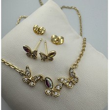 Gold Tone Iridescent Crystal Butterfly Necklace and Stud Earring Jewelry Set