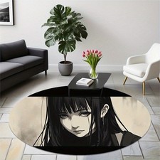 A Round Flannel Rug Featuring an Image of a Long-Haired Anime Girl, Suitable for