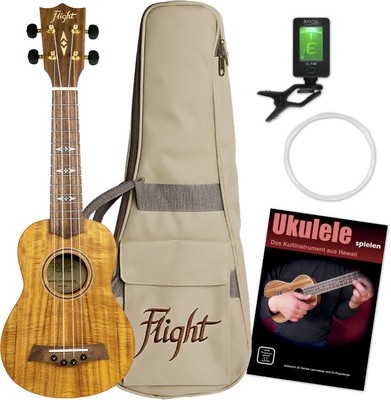 Flight DUS440 Acacia Sopran Ukulele Akazie Set Gigbag Stimmgerät Saiten Schule