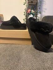 UGG Disquette Women's Slip-On Slippers Black Suede Fur Trim Shearling Size 8