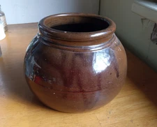 1880s PEORIA POTTERY EMB STONEWARE BEAN POT STREAKY SLIP GLAZED NICE