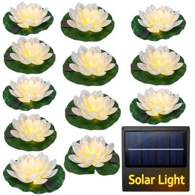 12PCS Floating Lotus Flower Solar Pool Lights with Lily Pads (White)