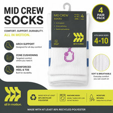 All in Motion Mid Crew Socks 4 Pack White Cushioned Moisture Wicking Sz 4-10