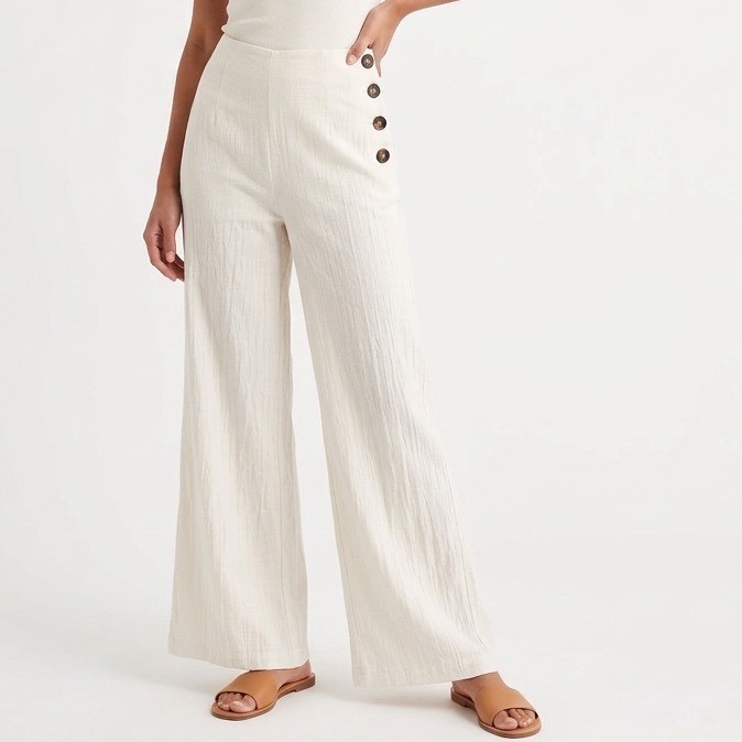 Lulus Pants Womens Medium Cream Lined Linen Blend Casual Wide Leg Side Buttons