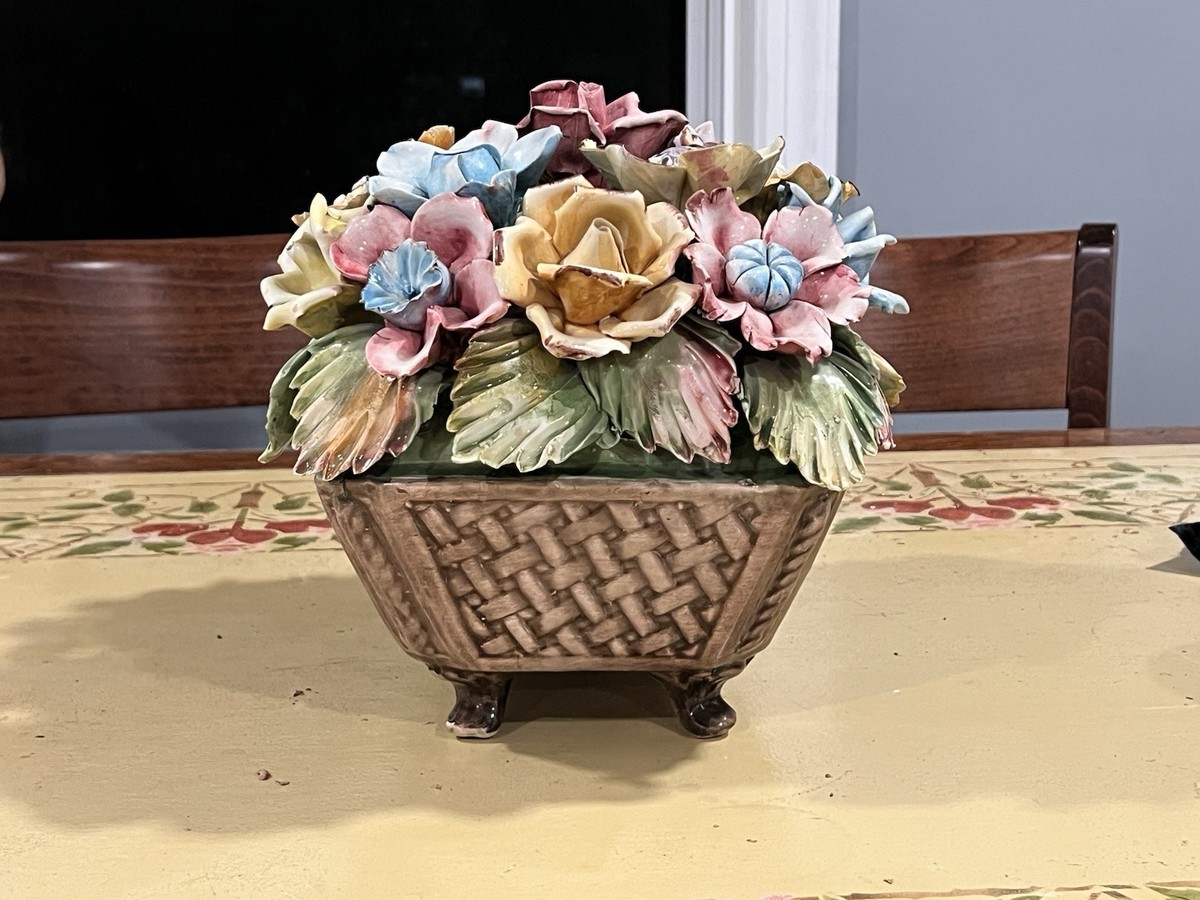 【イタリア製　バスケット】CER.TOLIO.ROSELIO　ハンドペイント Bassano Italy Porcelain Flower Basket Hand Painted Vintage Ceramic