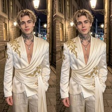 Satin Party Men's Suits Champagne Dinner Party Jacket Gold Appliques Coat Blazer