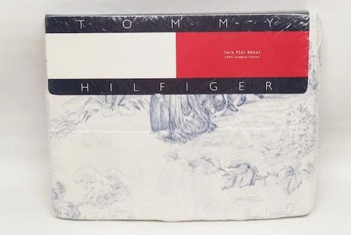 VTG 1997 Tommy Hilfiger Flat Sheet Twin White Blue Harbor View Combed Cotton