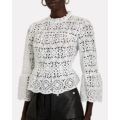 Veronica Beard Emmalyn Eyelet Blouse White Sz 8 Lace Ruffles Flare Sleeves Chic