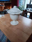 VTG MILK GLASS BASKETWEAVE LIDDED JAR. 1246