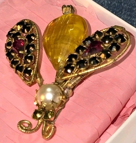 Vintage Schreiner New York Tremble Bumble Givre Art Glass Bug Rhinestones Brooch - Picture 20 of 23