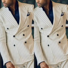 Regular Fit Men's Striped Suit Business Blazer Coat Office Double Breasted 2Pcs
