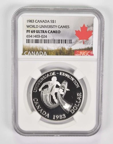 1983 PF69 UCam Canadian $1 Silver Dollar World Uni Games NGC Canada Lbl *7444